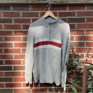 Timberland Gray Burgundy and Cream Striped 1/4 Zip Sweater